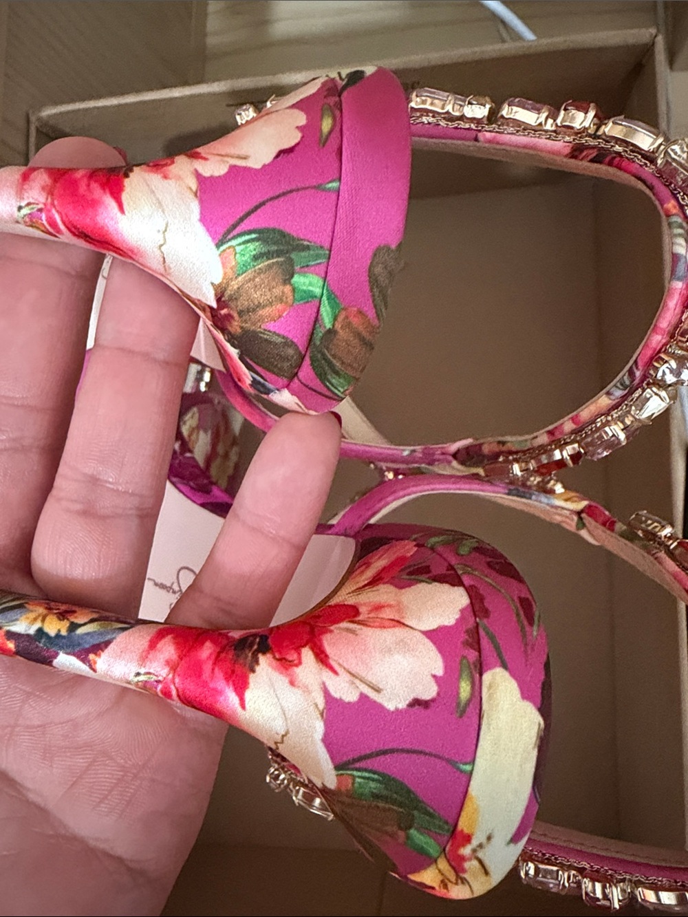 Pink Floral Crystal T-Strap Stiletto Sandals - Picture 6 of 11